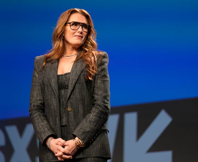 CEO of Commence Brooke Shields is introduced at the keynote “Breaking Barriers, Shaping Narratives: How Women Lead On and Off the Screen” at SXSW at the Austin Convention Center Friday March 8, 2024.